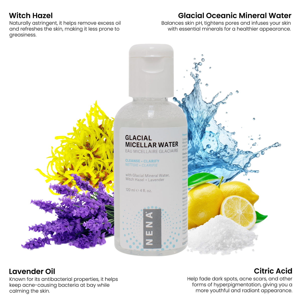 NENA Glacial Clay Micellar Water with Glacial Mineral Water, Witch Hazel and Lavender Oil